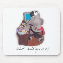African Grey Parrot at Desk, Whistle While You Wor mousepads by FeathersnFur African Grey Parrot at Desk, Whistle While You Wor mousepads