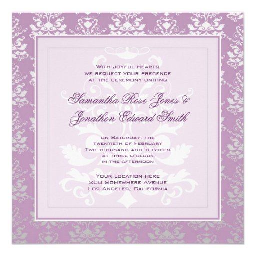 African Violet & Silver Damask Photo Wedding Custom Announcements