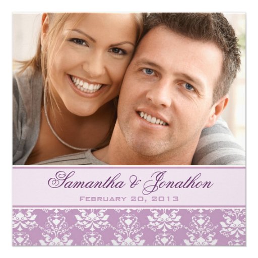 African Violet & Silver Damask Photo Wedding Custom Announcements