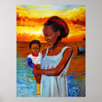 African Woman and Child by Sea with Sunset Poster