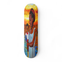 African Woman and Child by Sea with Sunset Skate Board