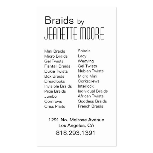 Afrocentric Braids Hair Stylist - yellow Business Card Templates (back side)