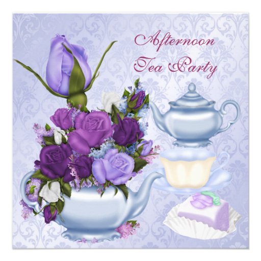 Afternoon Tea Party Purple Floral Teapot Invitations