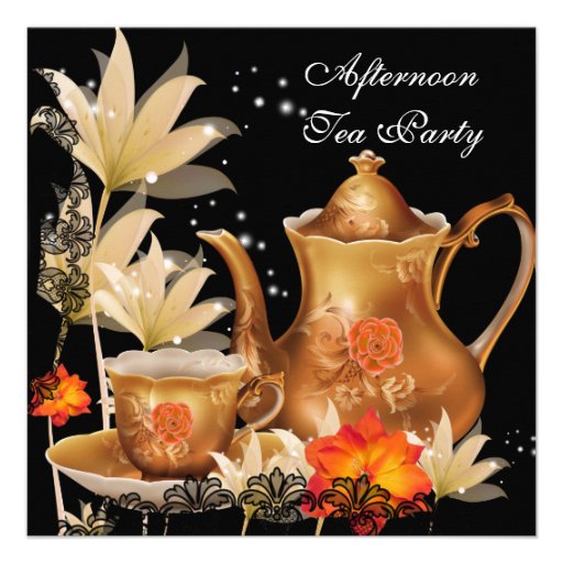 Afternoon Tea Party Vintage black gold Teapot Invitations