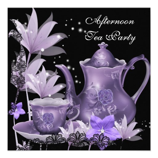 Afternoon Tea Party Vintage black Purple Teapot Personalized Invitation