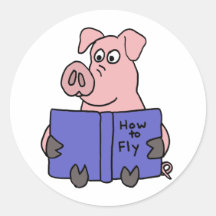 AG- Pig Reading How to Fly Book Round Sticker