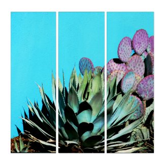Agave and Prickly Pear on Turquoise Wall Southwest