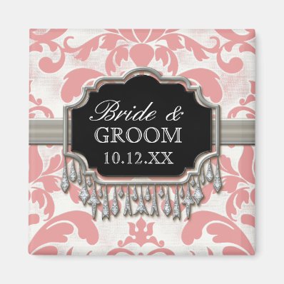 Aged Distressed Damask Silver Bling Look Wedding Refrigerator Magnets