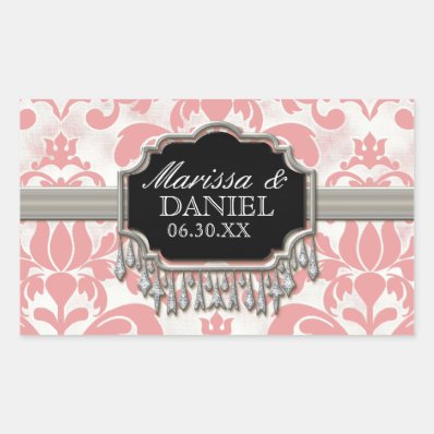 Aged Distressed Damask Silver Bling Look Wedding Rectangle Stickers