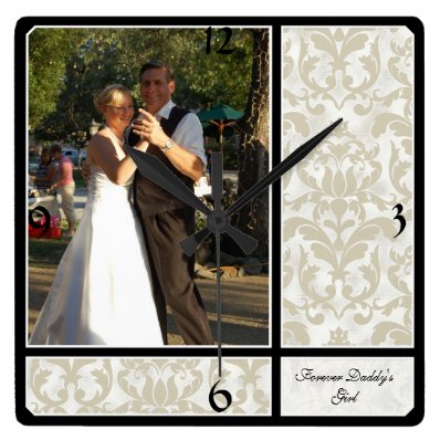 Aged Vintage Damask Pattern Wedding Photograph Square Wall Clock
