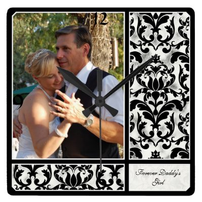 Aged Vintage Damask Pattern Wedding Photograph Square Wall Clock