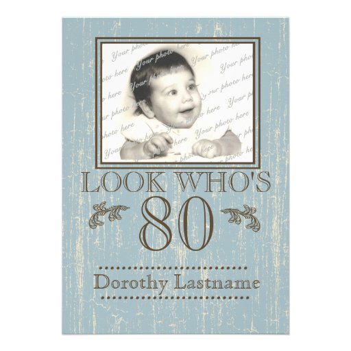 Aged Wood 80th Birthday Photo Blue Personalized Announcement