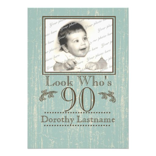 Aged Wood 90th Birthday Photo Personalized Announcements (front side)