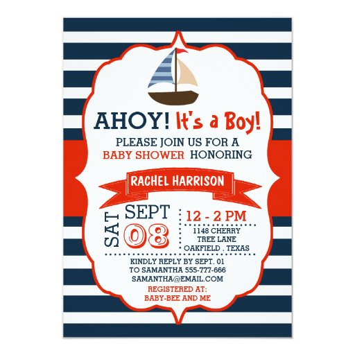 Ahoy It's A Boy! Nautical Boat Baby Shower Invites (front side)