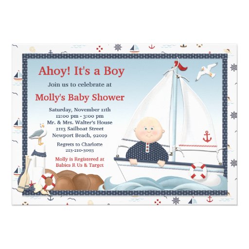 Ahoy Its a Boy Sailboat Baby Shower Invitation (front side)