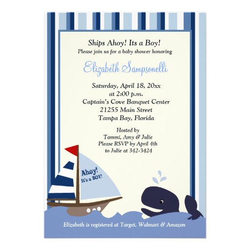 Ahoy Mate Blue Stripe Whale Baby Shower 5x7 Card (front side)