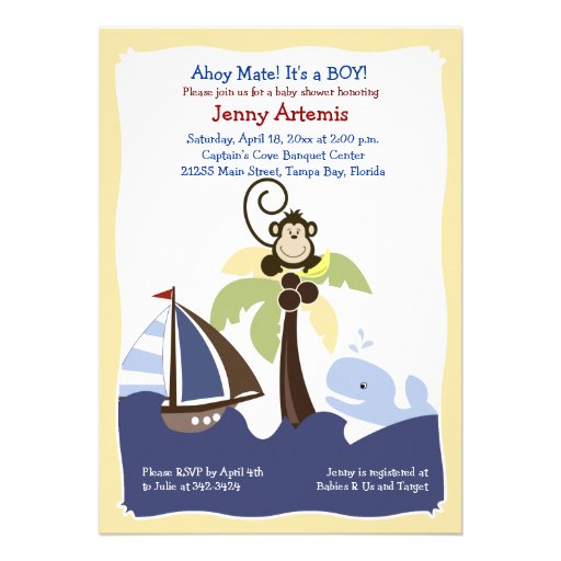 Ahoy Mate Whale, Sailboat & Monkey Invitation 5x7