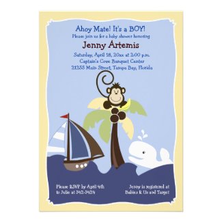 Ahoy Mate Whale, Sailboat & Monkey Invitation 5x7