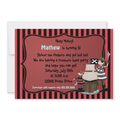 Ahoy Matey -Pirate birthday party invitation-red by kidspartycards