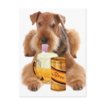 Airedale Terrier  shares a beer postcards
