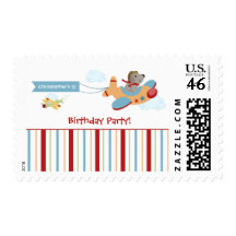 Airplane dog pilot boy's birthday party stamps