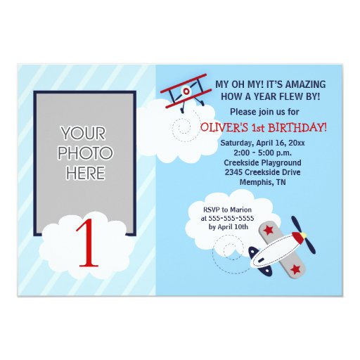 Airplane Little Aviator Red/Blue Photo Birthday Custom Invitation