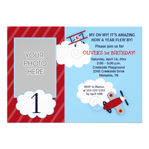 Airplane Little Aviator Red & Navy Photo Birthday Invitations