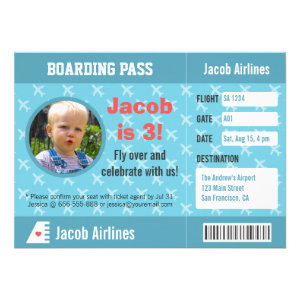 Airplane Pattern Boarding Pass Birthday Party Personalized Announcement