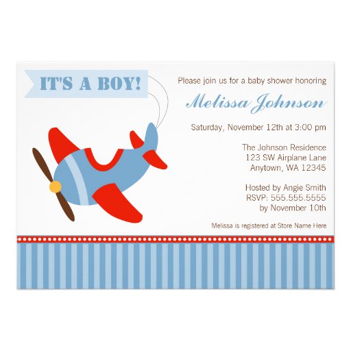 Airplane Stripes Red Blue Boy Baby Shower Invitation