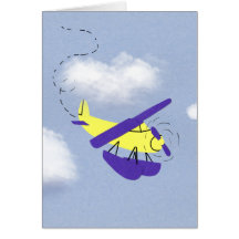Airplane Yellow and Blue Cartoon Art Greeting Card
