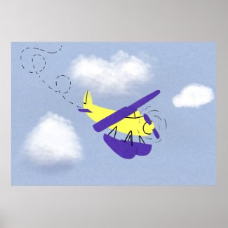 Airplane Yellow and Blue Cartoon Art Poster