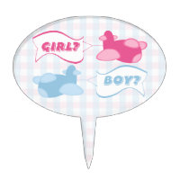 Airplanes and Banners Gingham Gender Reveal Party Oval Cake Topper