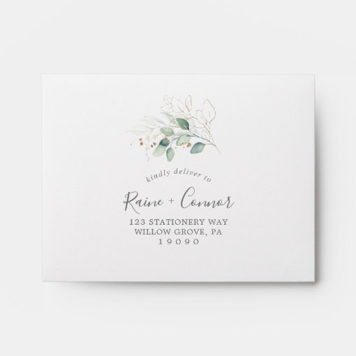 Airy Greenery And Gold Leaf Self Addressed RSVP Envelope Zazzle