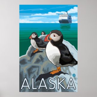 Alaska - Puffins watching a Cruise Ship Poster