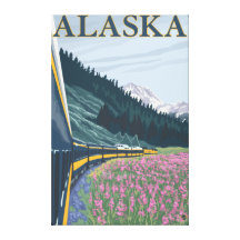 AlaskaRailroad and Fireweed Vintage Travel Stretched Canvas Prints