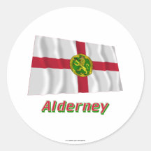Alderney Waving Flag with Name Round Stickers