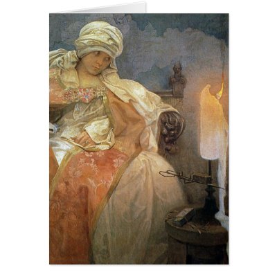 Alfons Mucha ~ Women with Burning Candle Greeting Cards by ArtNouveauDaz
