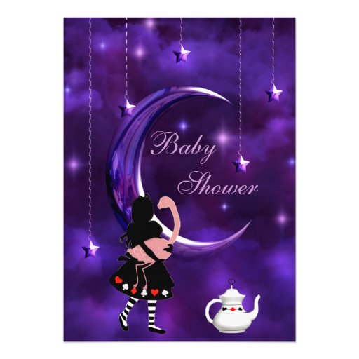 Alice & Flamingo Purple Moon Baby Shower Invitations