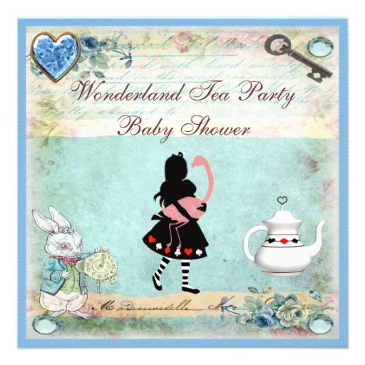 Alice & Flamingo Wonderland Baby Shower Tea Party Custom Invitations