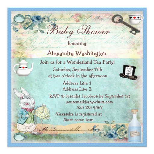 Alice & Flamingo Wonderland Baby Shower Tea Party Custom Invitations