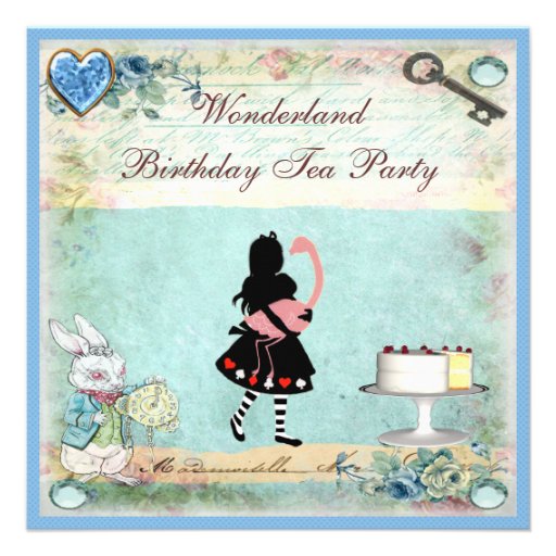 Alice & Flamingo Wonderland Birthday Tea Party Announcements