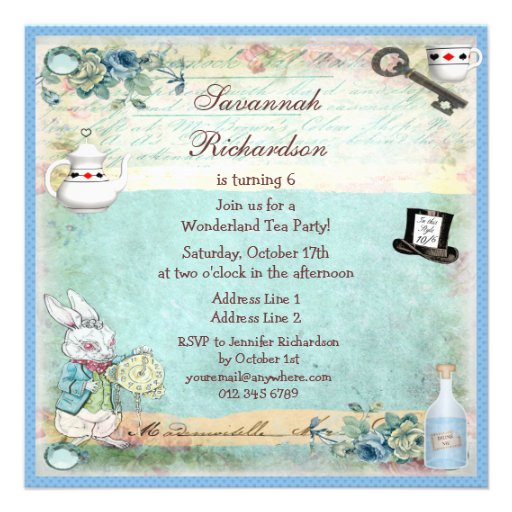 Alice & Flamingo Wonderland Birthday Tea Party Announcements