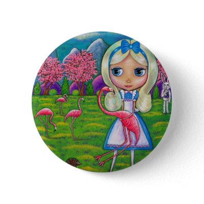 Alice in Wonderland and the Flamingos Pinback Buttons by Blonde_Blythe