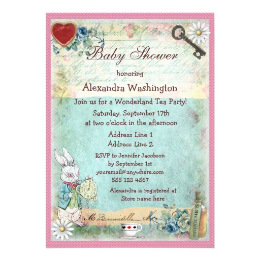 Alice in Wonderland Baby Girl Shower Tea Party Custom Invitations