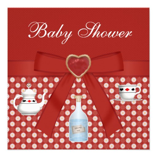 Alice in Wonderland Baby Shower Tea Party Red Announcement