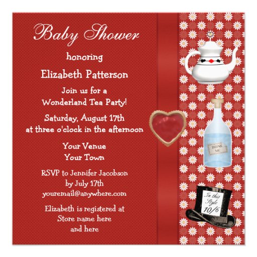 Alice in Wonderland Baby Shower Tea Party Red Announcement