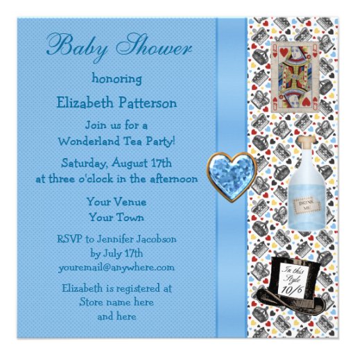 Alice in Wonderland Blue Baby Shower Tea Party Custom Announcements