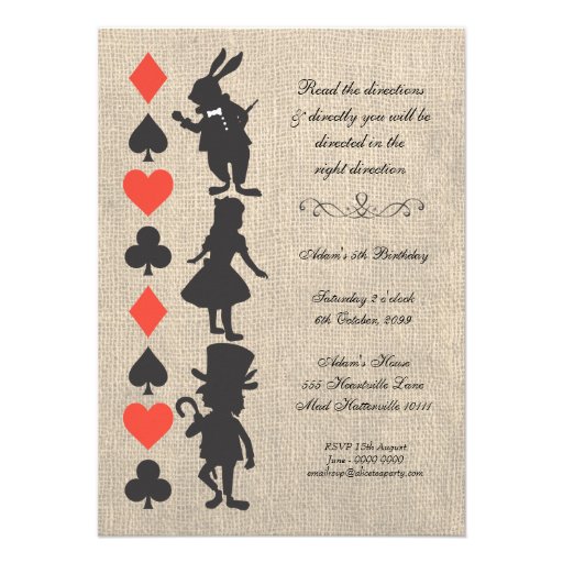 Alice in Wonderland Burlap Tea Party Birthday Custom Announcements