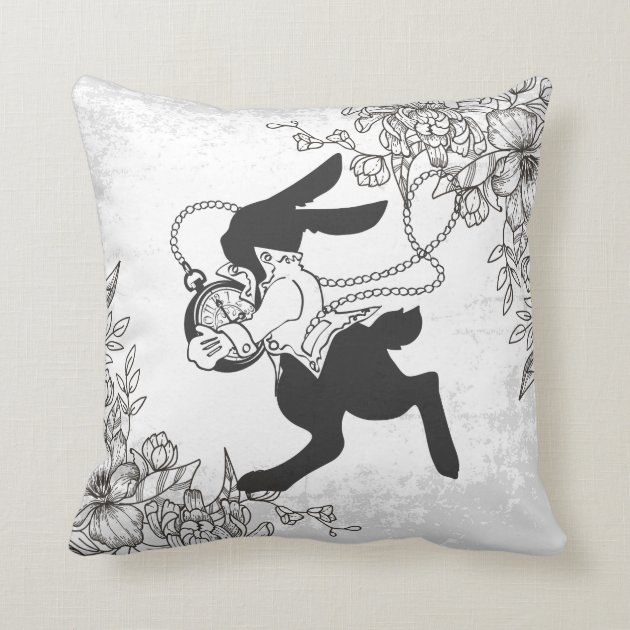 Alice in Wonderland Clock Rabbit Vintage Floral Throw Pillow
