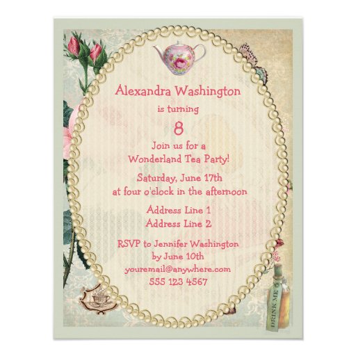 Alice in Wonderland Roses Collage Birthday Party Personalized Invitation